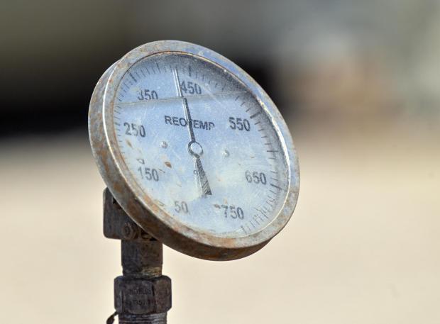 Temperature gauge at Controlled Thermal Sources' Hell's Kitchen test facility near the Salton Sea in Niland, CA, on Wednesday, April 19, 2023. (Photo by Jeff Gritchen, Orange County Register/SCNG)